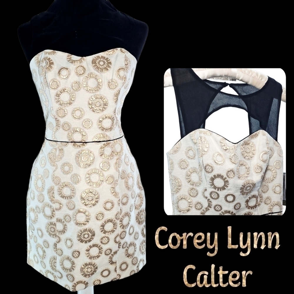 Anthropologie Corey lynn Carter gold metallic circle dress with cutout neckline